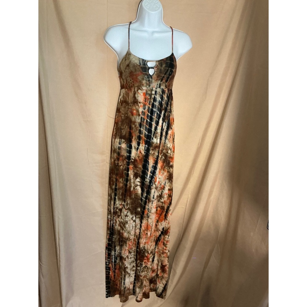Tie Dye Maxi Dress Womens Small Brown Orange Excellent Strappy Back Keyhole Boho